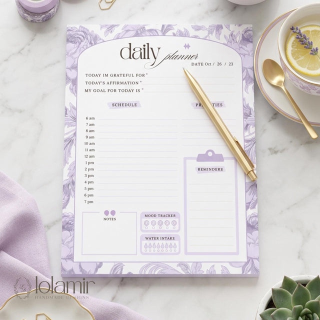 Daily Planner Notepad Purple Lilies | Tear Off Undated Letter Size | Gift