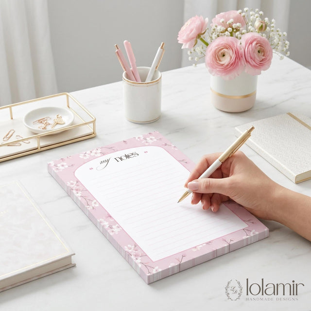 5x7 “My Notes” Notepad | 5 Cherry Blossom Color Choices | Luxury Desk Stationery Pad | Gift for Her