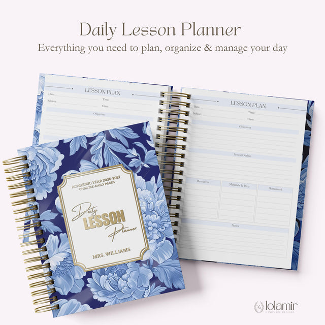Teacher Daily Lesson Planner | Wire Bound Academic Planner Companion | Personalized Undated Daily | Back to School Teacher Gift, Floral