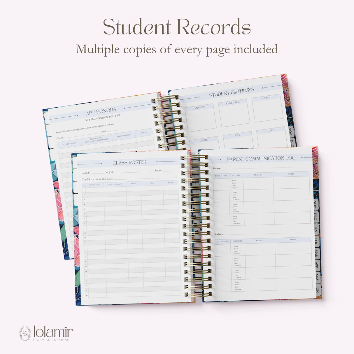 My Teacher Planner student records pages including class roster, student birthdays, and parent communication log
