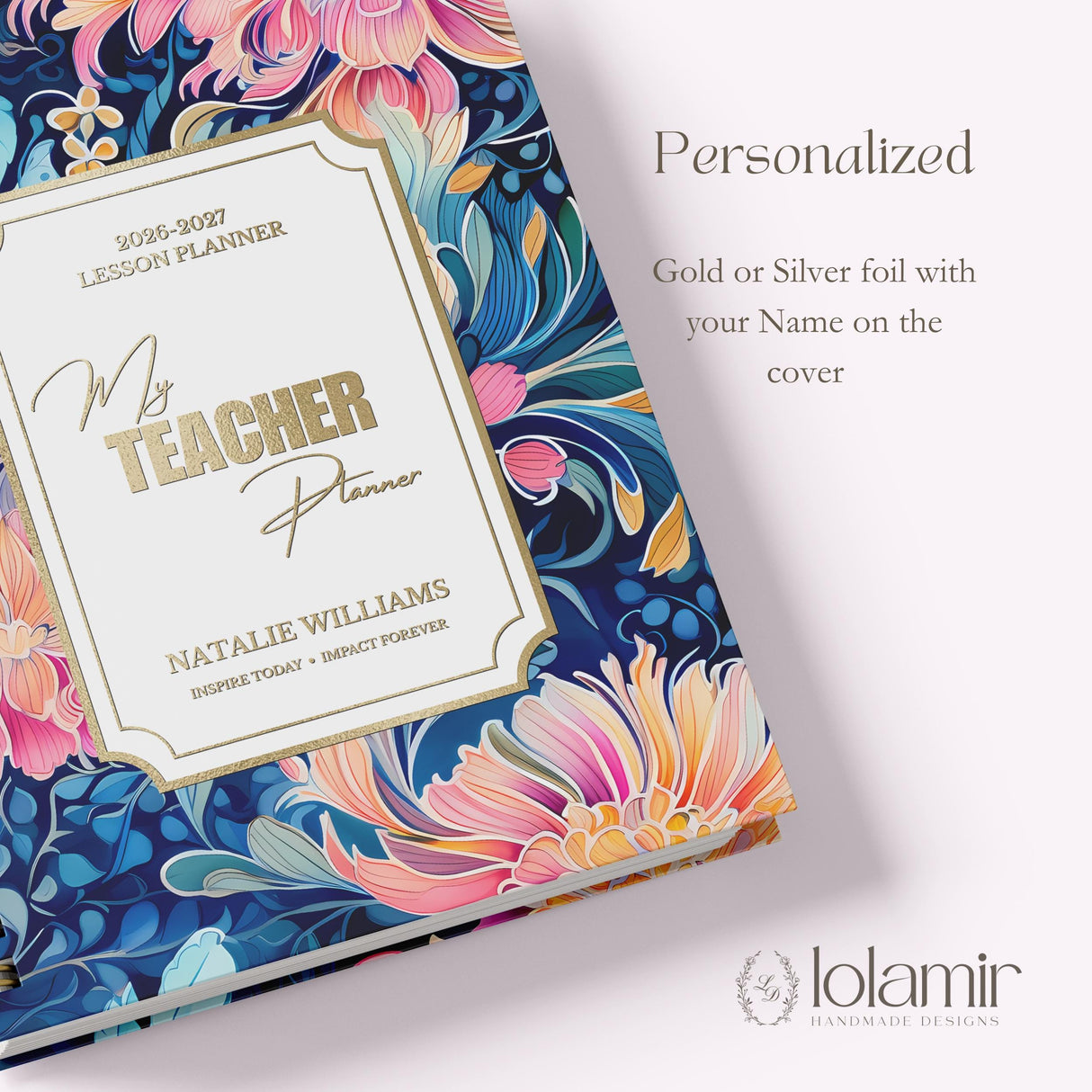My Teacher Planner personalization close-up, gold foil name and classroom motto on cover
