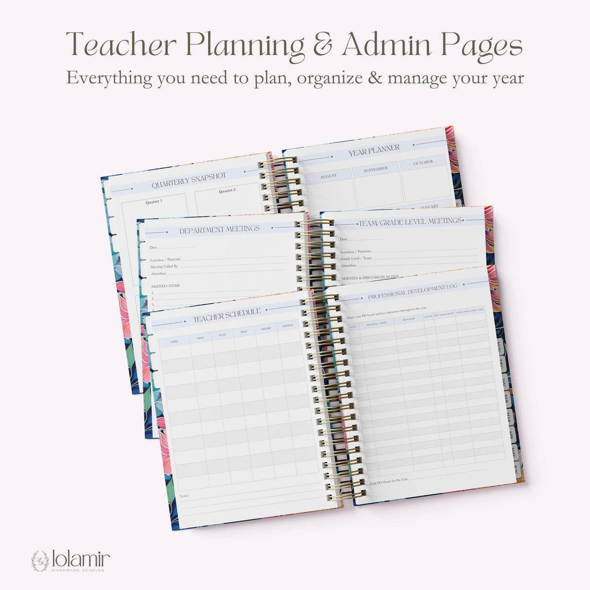 My Teacher Planner teacher planning and admin pages including quarterly snapshot, year planner, and teacher schedule