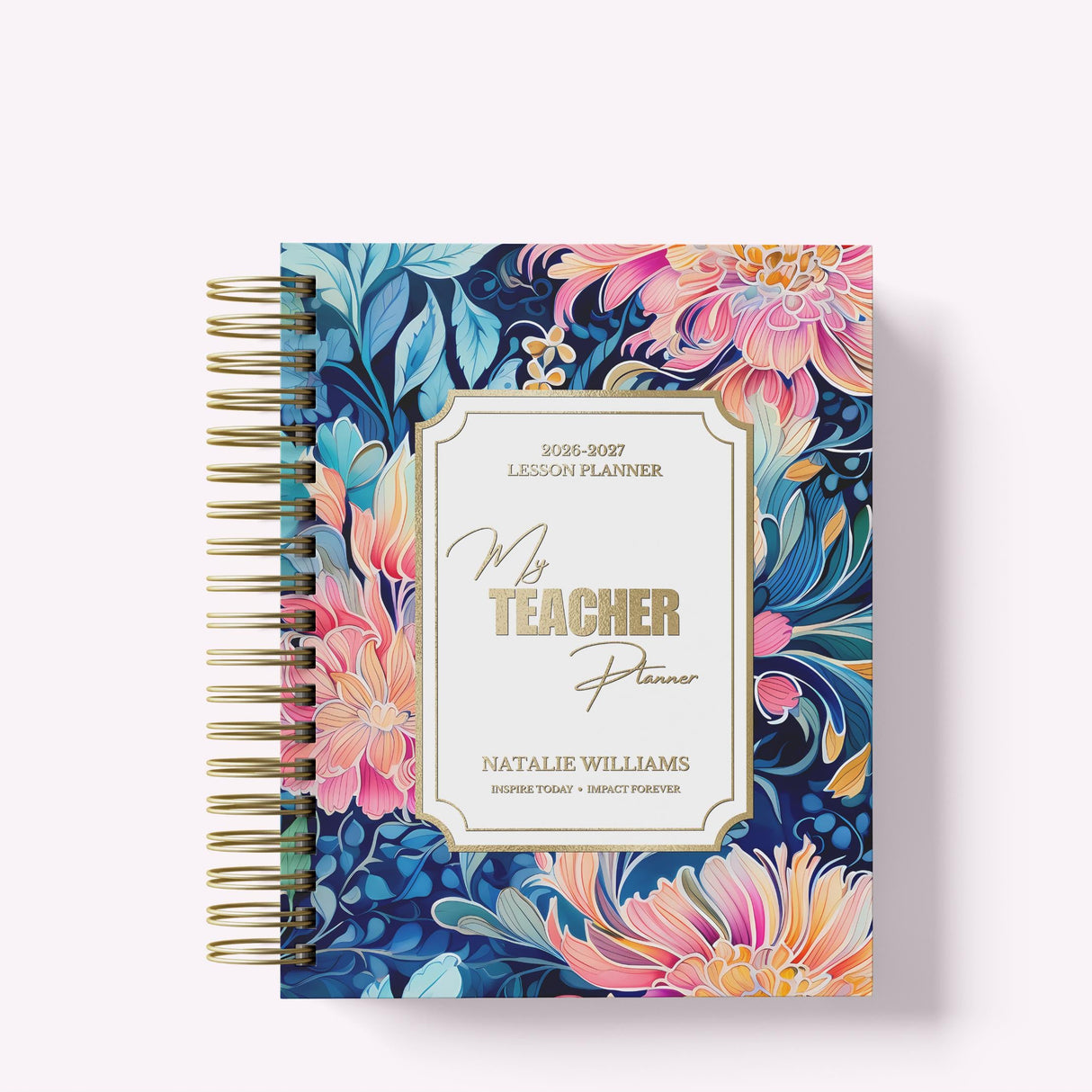 My Teacher Planner in Wild Dalhia in pink, teal, and navy floral cover, personalized with gold foil name and title