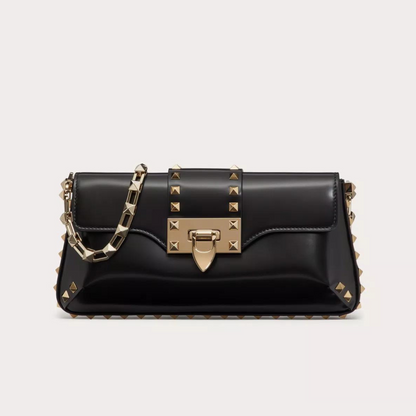 Rockstud Brushed Calfskin Shoulder Bag In Black Handbags VALENTINO - LOLAMIR