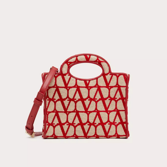 Le Troisième Toile Iconographe Mini Shopping Bag in Beige/Red Handbags VALENTINO - LOLAMIR