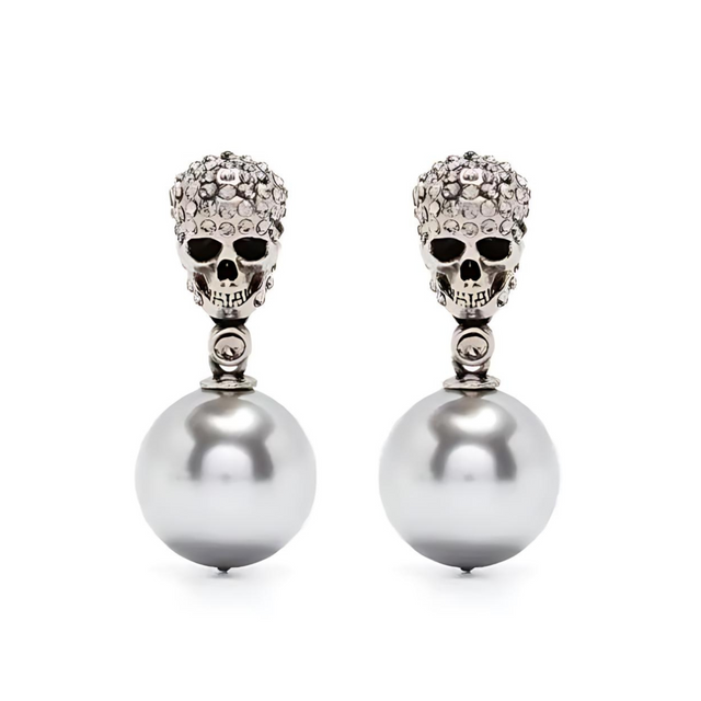 Pearl Pave Skull Earrings in Antique Silver