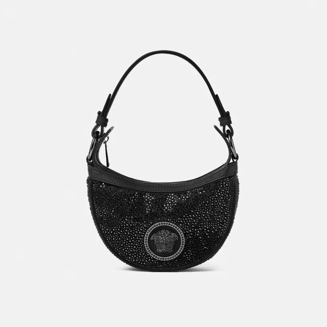 Dua Lipa X Versace Crystal Repeat Mini Hobo Bag in Black Handbags VERSACE - LOLAMIR