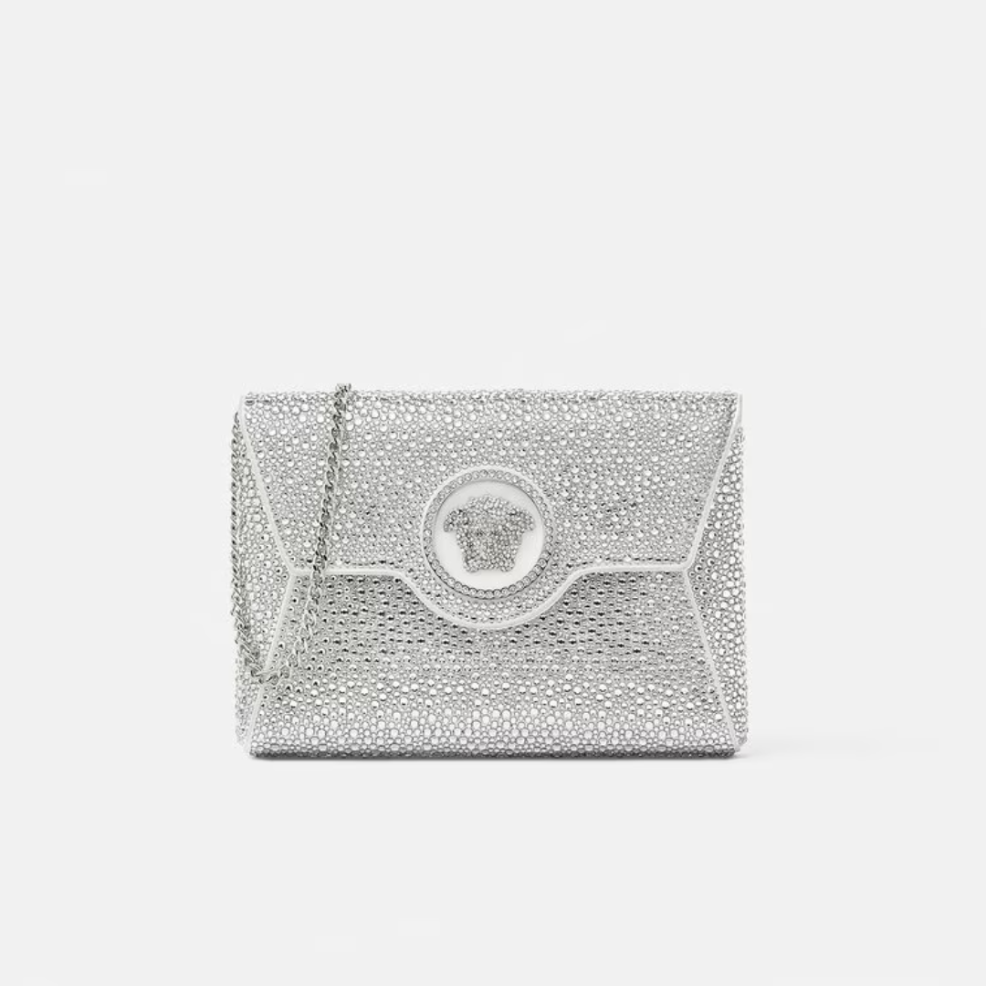 Crystal La Medusa Envelope Clutch in White Handbags VERSACE - LOLAMIR