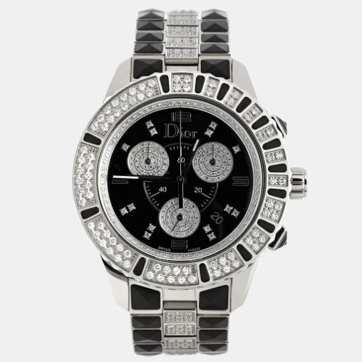 Christal Chronograph Quartz Watch Stainless Steel and Sapphire Crystals with Pave Diamond Bezel, Markers, and Sub-Dials and Pave Diamond Bracelet 38  - Preowned Watches CHRISTIAN DIOR - LOLAMIR