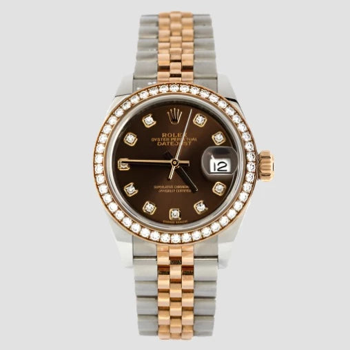 Oyster Perpetual Datejust Automatic Watch Stainless Steel and Rose Gold with Diamond Bezel and Markers - Preowned Watches ROLEX - LOLAMIR