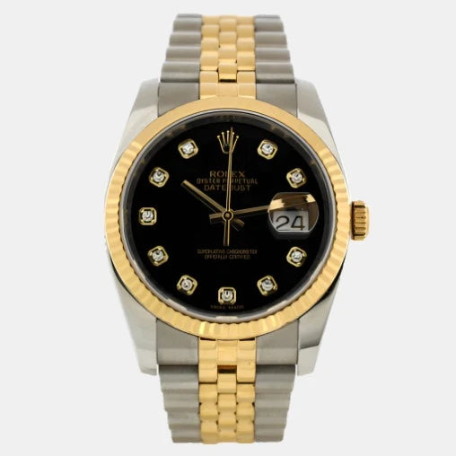 Oyster Perpetual Datejust Automatic Watch Stanless Steel and Yellow Gold with Diamond Markers 36 - Preowned Watches ROLEX - LOLAMIR