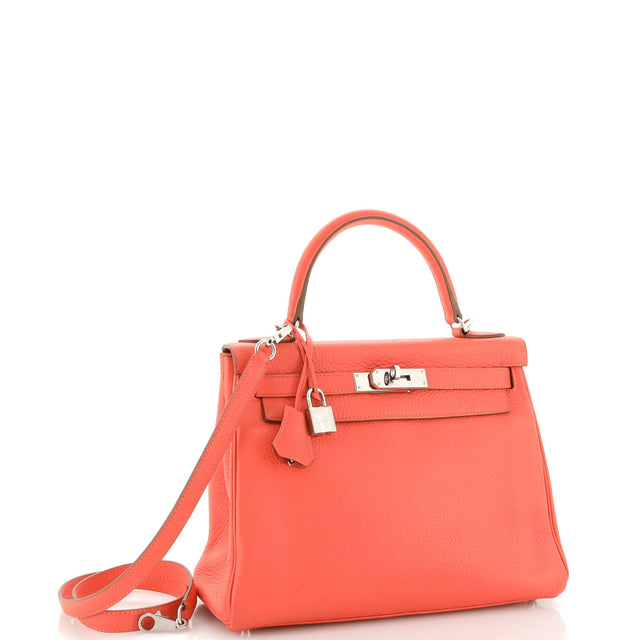 Hermes Kelly Handbag Red Clemence with Palladium Hardware 28