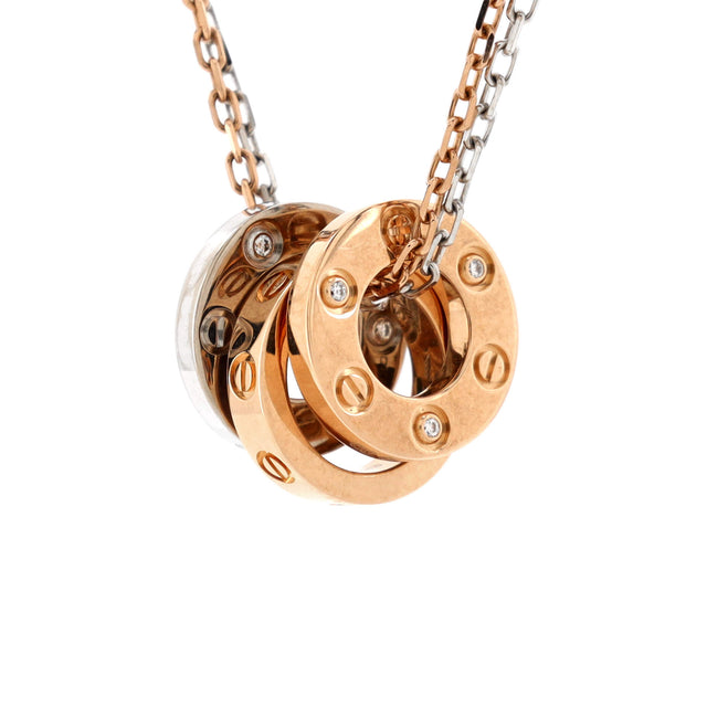 Cartier Love 3 Ring 6 Diamonds Pendant Necklace 18K Rose & White Gold
