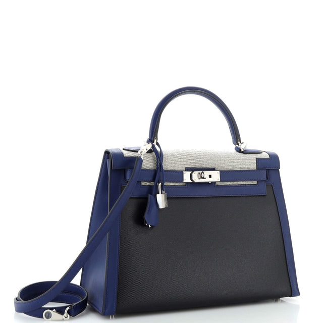 Hermes Kelly Handbag Black Berline Vache Canvas with Blue Swift and Toile with Palladium Hardware 32