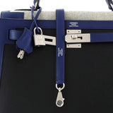 Hermes Kelly Handbag Black Berline Vache Canvas with Blue Swift and Toile with Palladium Hardware 32