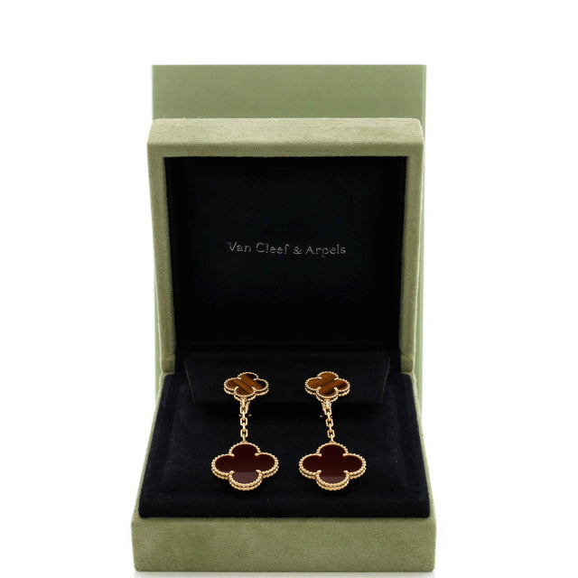 Van Cleef & Arpels Magic Alhambra 2 Motifs Drop Earrings 18K Yellow Gold with Tiger's Eye and Carnelian