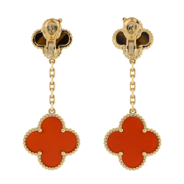 Van Cleef & Arpels Magic Alhambra 2 Motifs Drop Earrings 18K Yellow Gold with Tiger's Eye and Carnelian