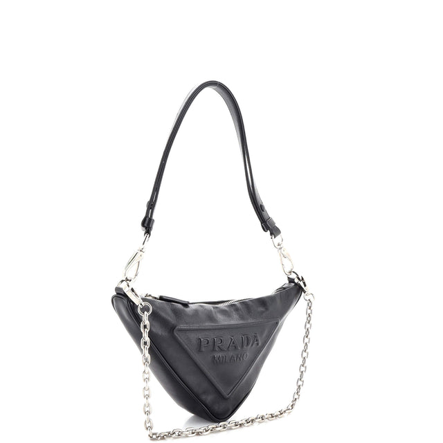 Prada Triangle Logo Zip Chain Crossbody Bag Embossed Leather Small