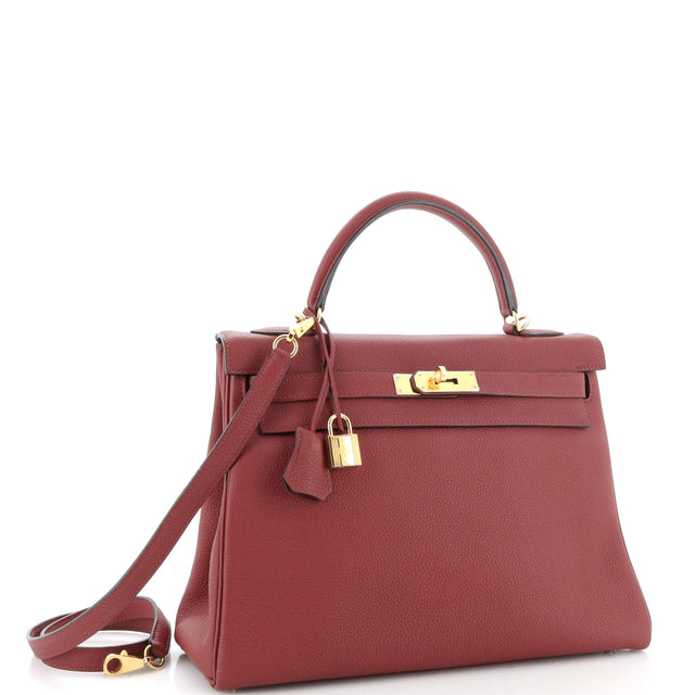 Hermes Kelly Handbag Red Clemence with Gold Hardware 32