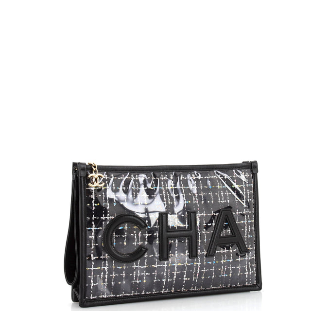 Chanel Logo Wristlet Clutch PVC Over Quilted Tweed Large