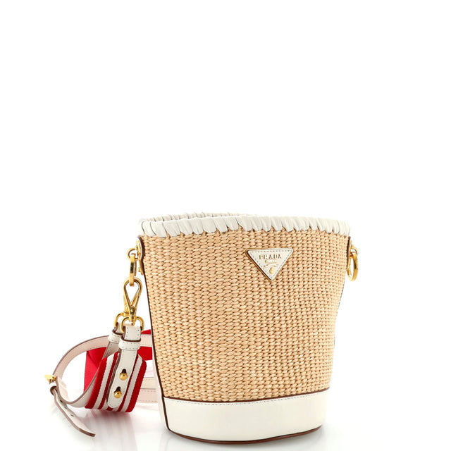 Prada Bucket Bag Woven Raffia with Leather Small