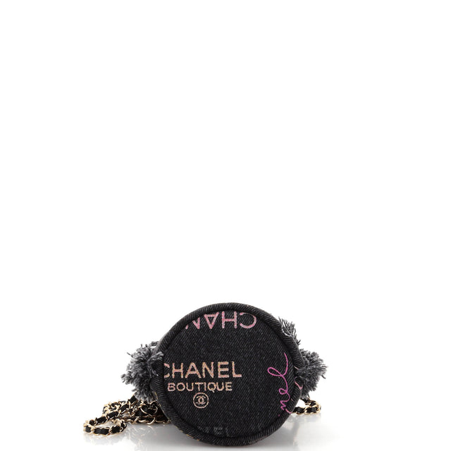 Chanel Denim Mood Chain Bucket Bag Logo Printed Quilted Fringe Denim Mini