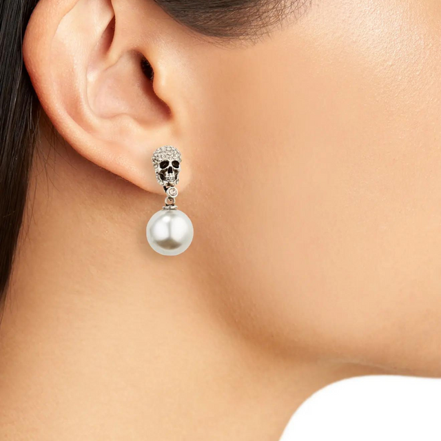 Pearl Pave Skull Earrings in Antique Silver