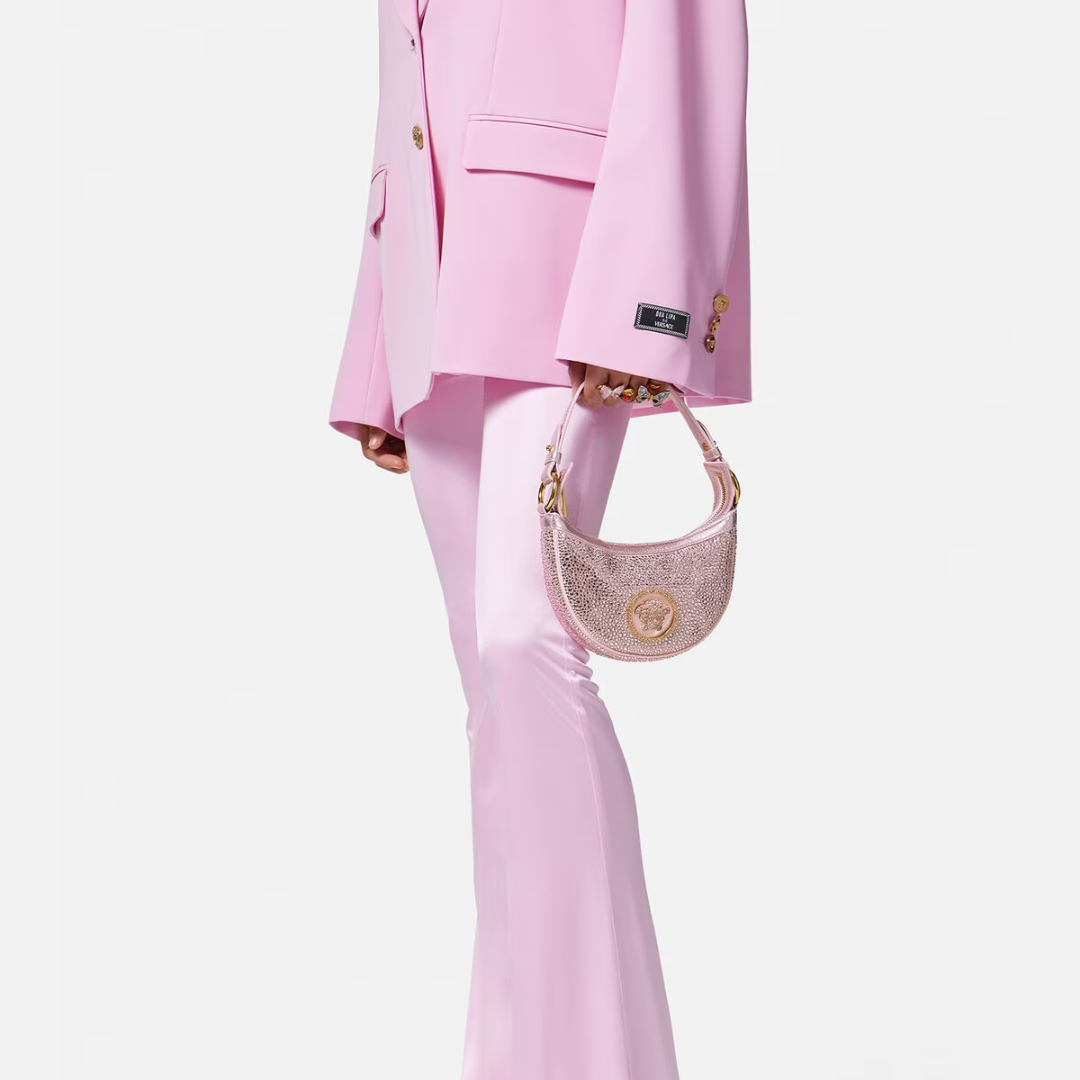 Dua Lipa X Versace Crystal Repeat Mini Hobo Bag in Pink Handbags VERSACE - LOLAMIR