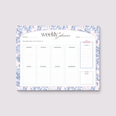 Weekly planner with floral border on a light gray background