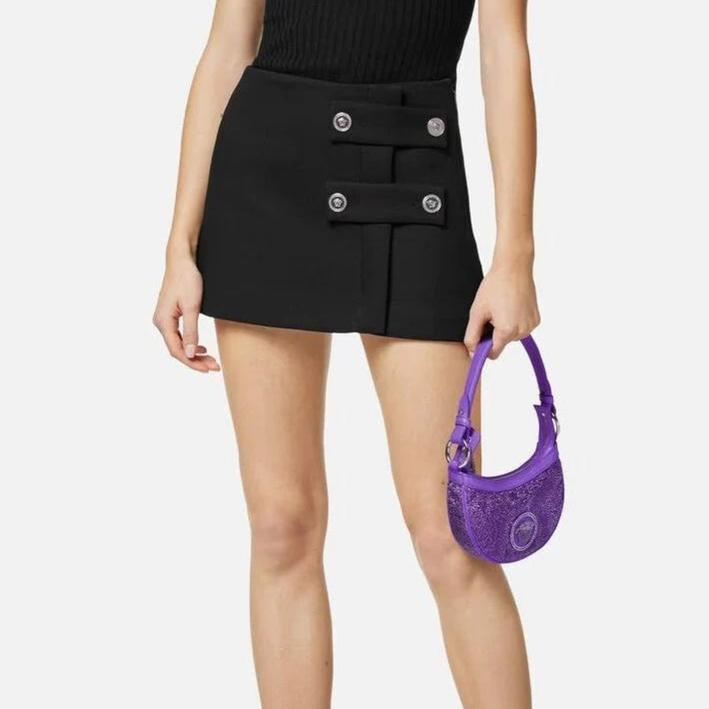Dua Lipa X Versace Crystal Repeat Mini Hobo Bag in Dark Purple Handbags VERSACE - LOLAMIR
