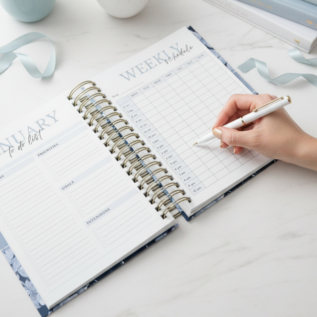 Dark Marigolds | Weekly Spiral Planner | Custom Start Month | Blue