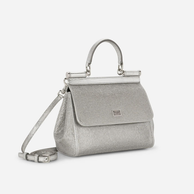 Sicily Satin Rhinestone Medium Bag in Silver