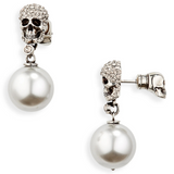 Pearl Pave Skull Earrings in Antique Silver