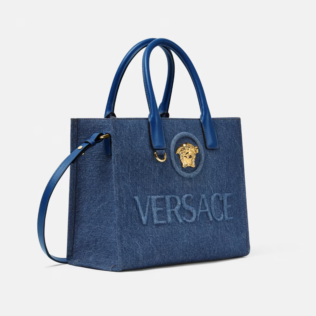 La Medusa Denim Small Tote Bag in Blue Handbags VERSACE - LOLAMIR
