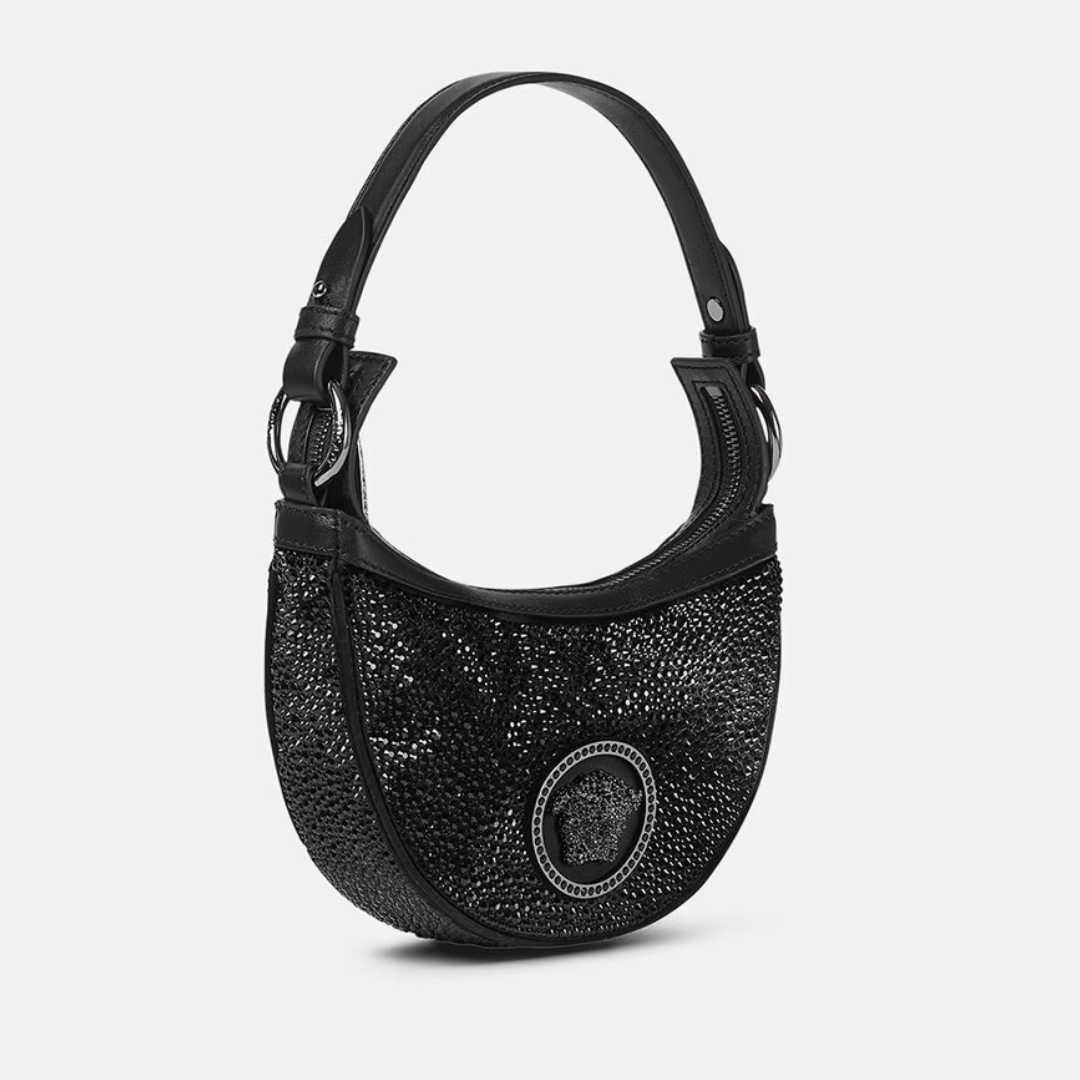 Dua Lipa X Versace Crystal Repeat Mini Hobo Bag in Black Handbags VERSACE - LOLAMIR