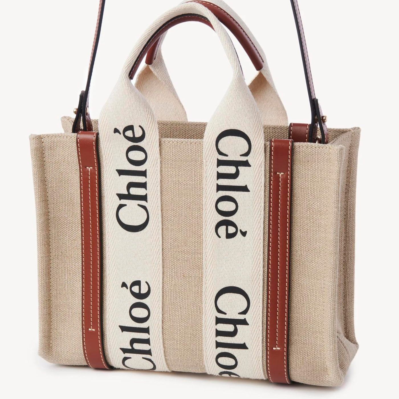 Woody Small Linen Tote Bag in White/Brown Handbags CHLOE - LOLAMIR