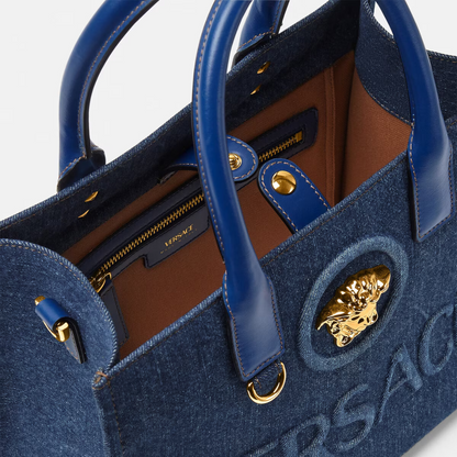 La Medusa Denim Small Tote Bag in Blue Handbags VERSACE - LOLAMIR