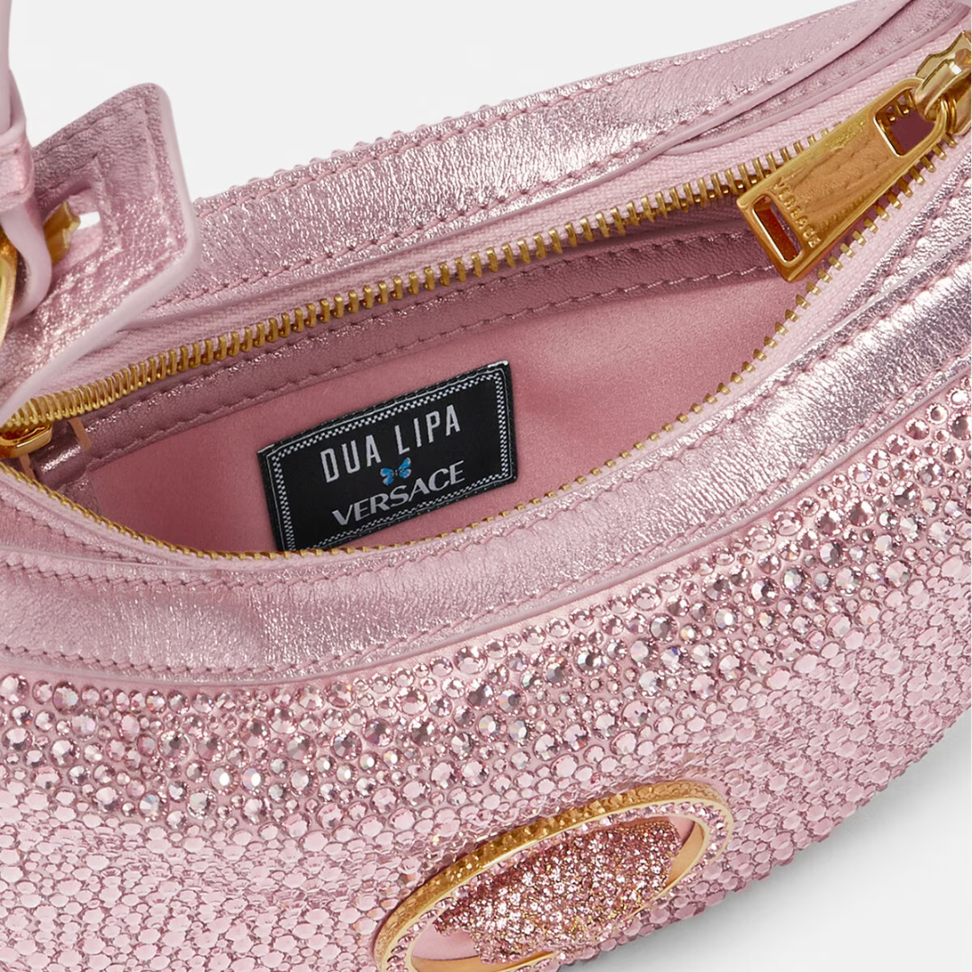 Dua Lipa X Versace Crystal Repeat Mini Hobo Bag in Pink Handbags VERSACE - LOLAMIR