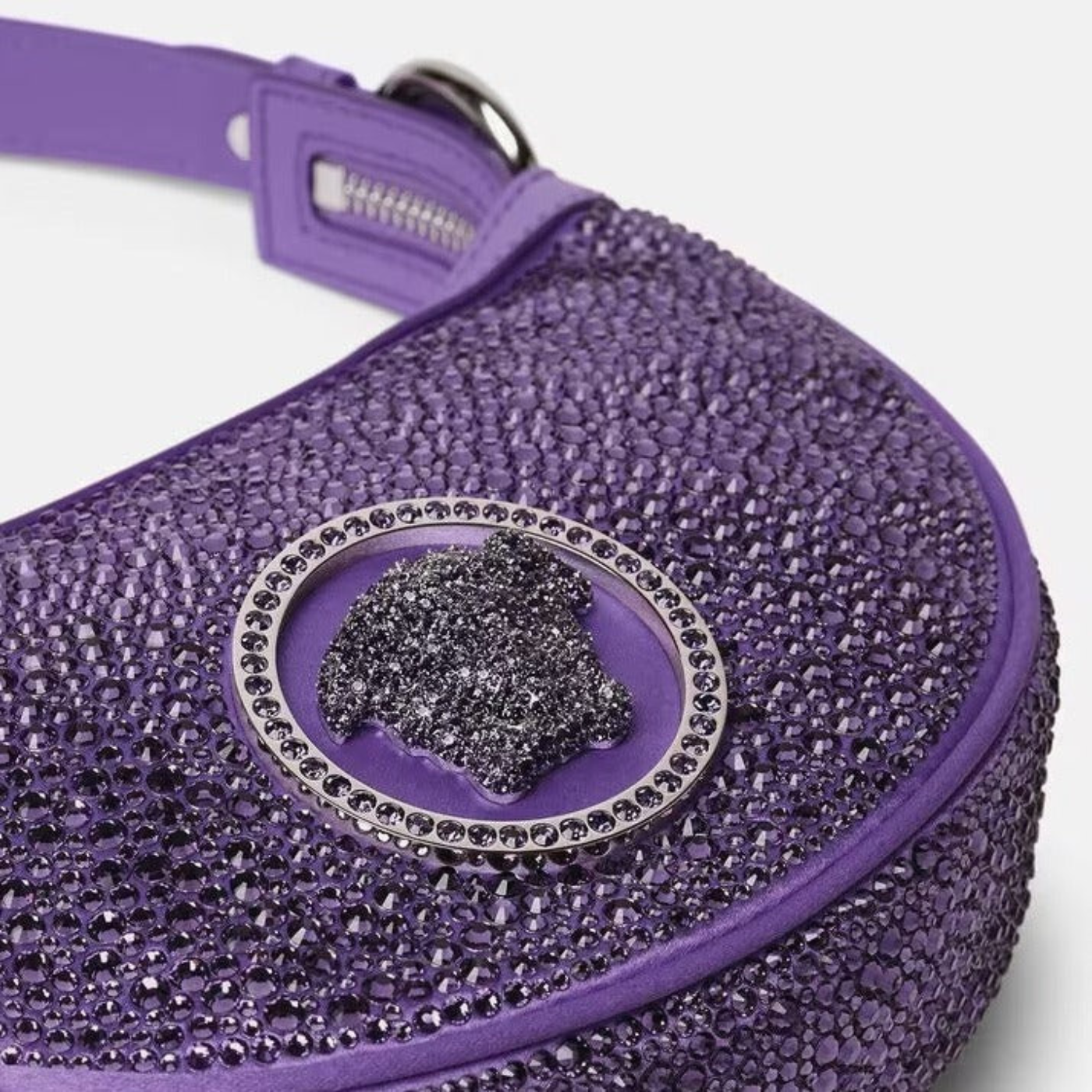 Dua Lipa X Versace Crystal Repeat Mini Hobo Bag in Dark Purple Handbags VERSACE - LOLAMIR