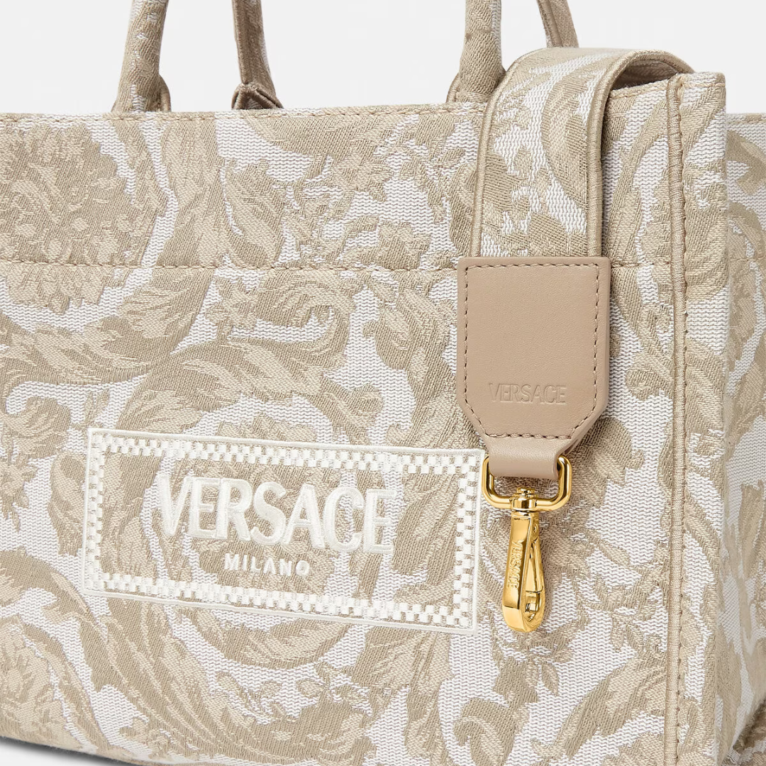 Barocco Athena Small Tote Bag in Beige Handbags VERSACE - LOLAMIR