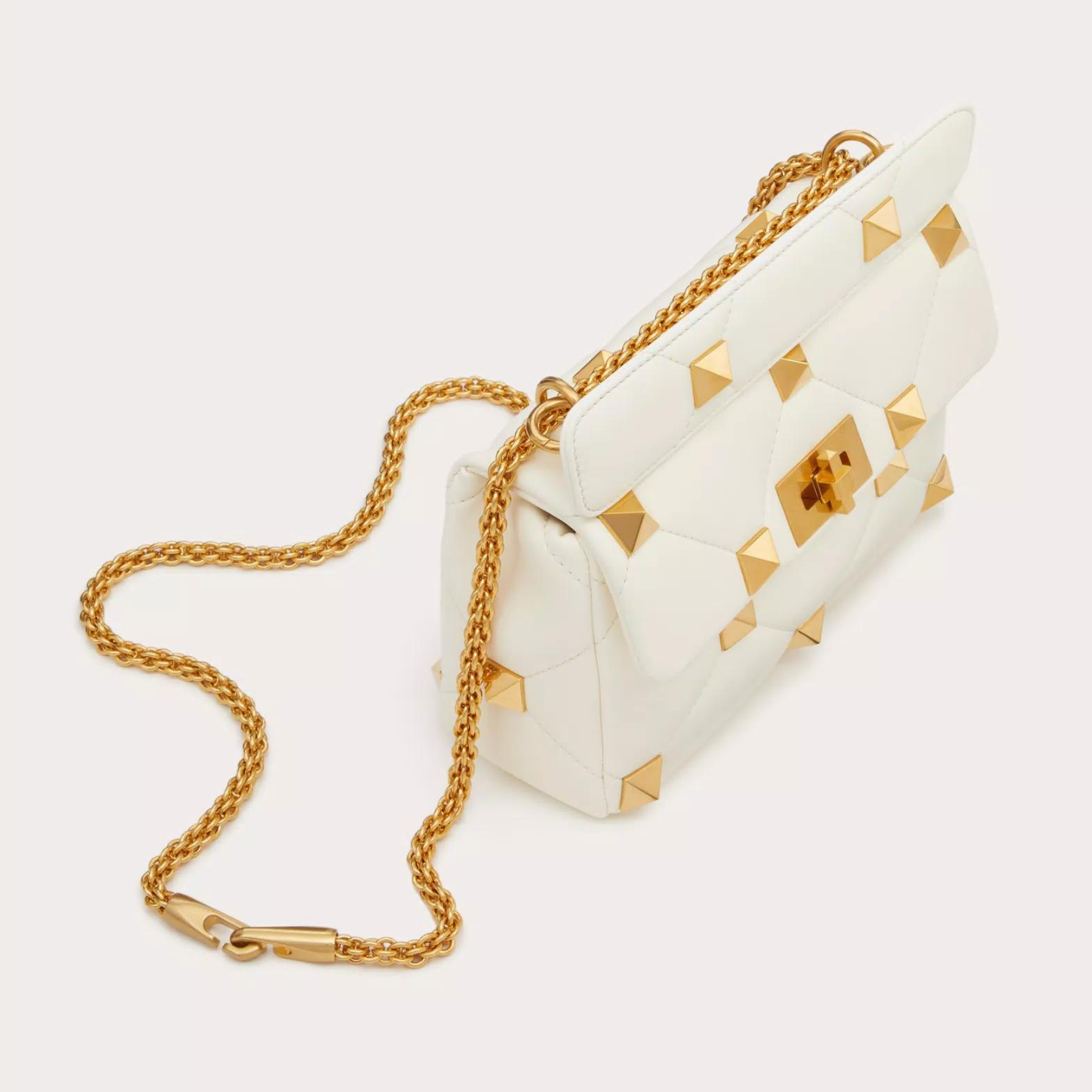 Roman Stud Medium Shoulder Bag With Chain In Ivory Handbags VALENTINO - LOLAMIR