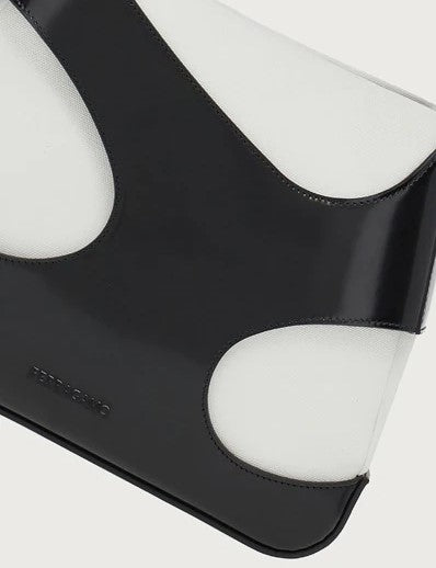 Cutout Canvas & Leather Shoulder Bag in Black/White Handbags FERRAGAMO - LOLAMIR