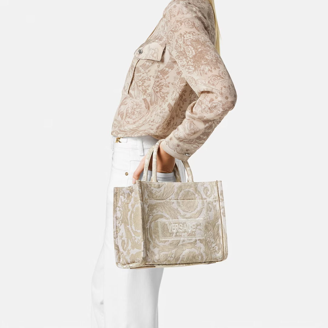 Barocco Athena Small Tote Bag in Beige Handbags VERSACE - LOLAMIR