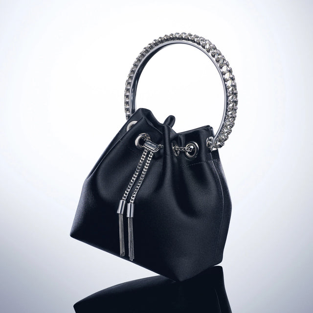 Bon Bon Satin with Crystal Handle Bag in Black Handbags JIMMY CHOO - LOLAMIR