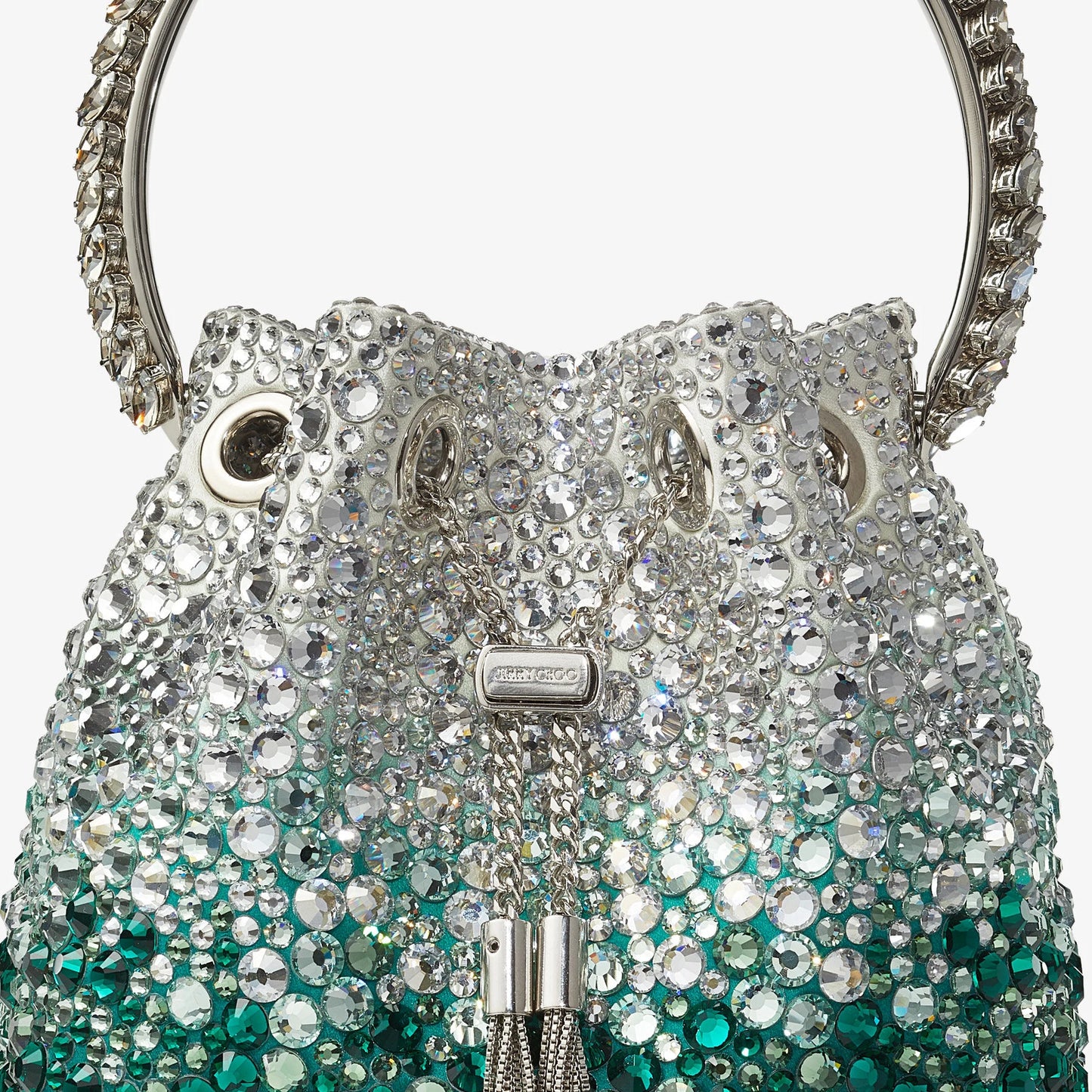 Bon Bon Crystal Bucket Bag in Emerald/Silver Handbags JIMMY CHOO - LOLAMIR