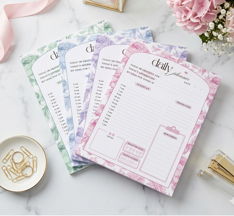 Set of floral-themed daily planners on a marble surface with stationery items.