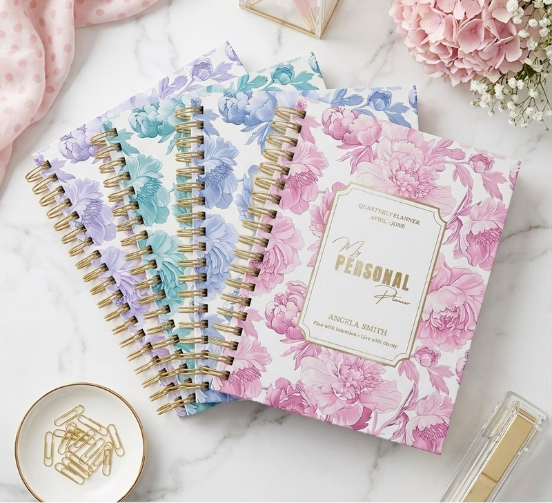 Set of floral notebooks on a marble surface with decorative items.