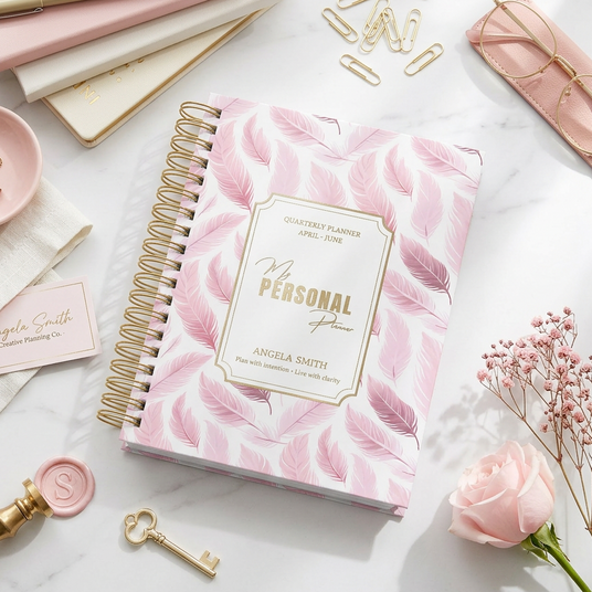 Personal planner with pink floral design on a marble surface with stationery items.