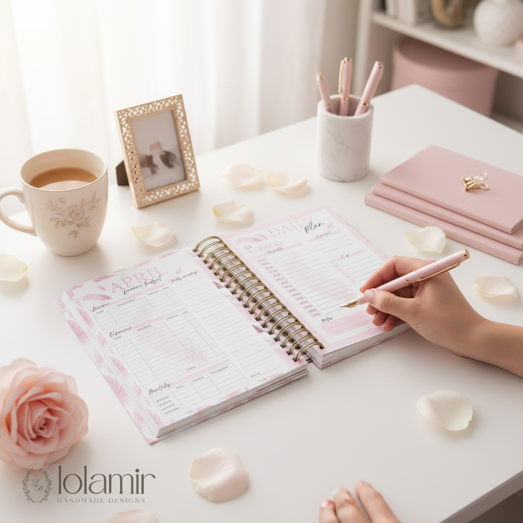 Person using a pink planner with a cup of tea and stationery on a desk, featuring the brand 'lolamir'.