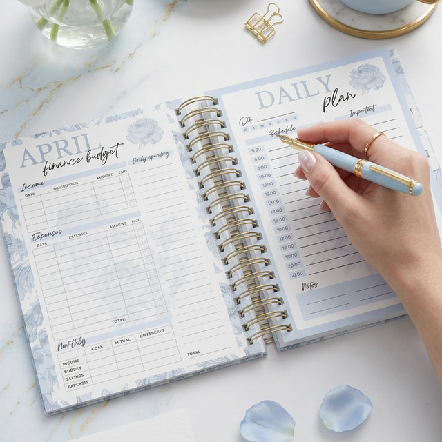 Open daily planner with a hand holding a pen, surrounded by flowers, coffee, and decorative items on a light surface.